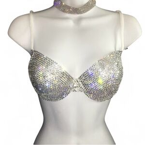 Luxe Crystal Diamond Rhinestone Glam Bling White Bra Top All Sizes New